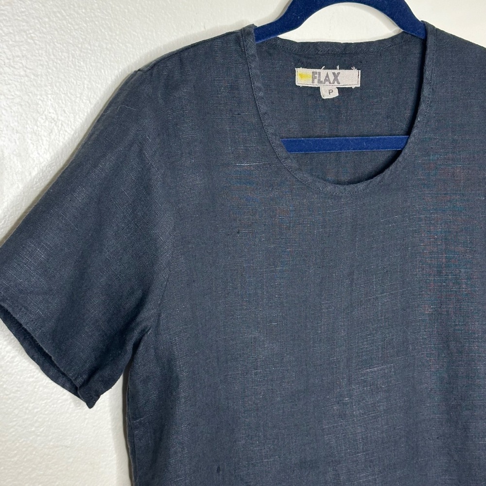 FLAX Short Sleeve Top Black 100% Linen Scoop Neck Petite P (4-6) - Picture 2 of 7